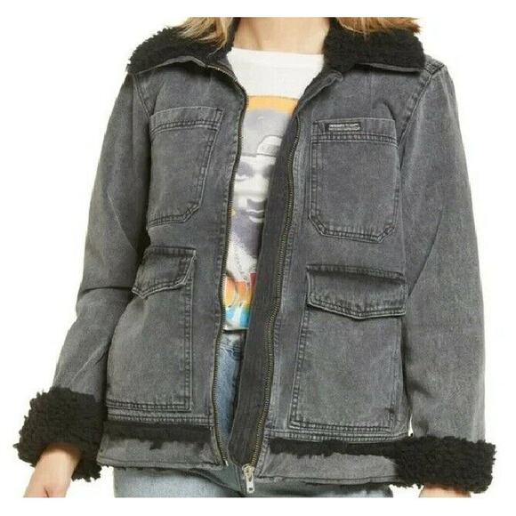 Urban Outfitters BDG Lisa Bonded Borg Coat M Black Denim Fleece Lined NWT - Picture 1 of 8